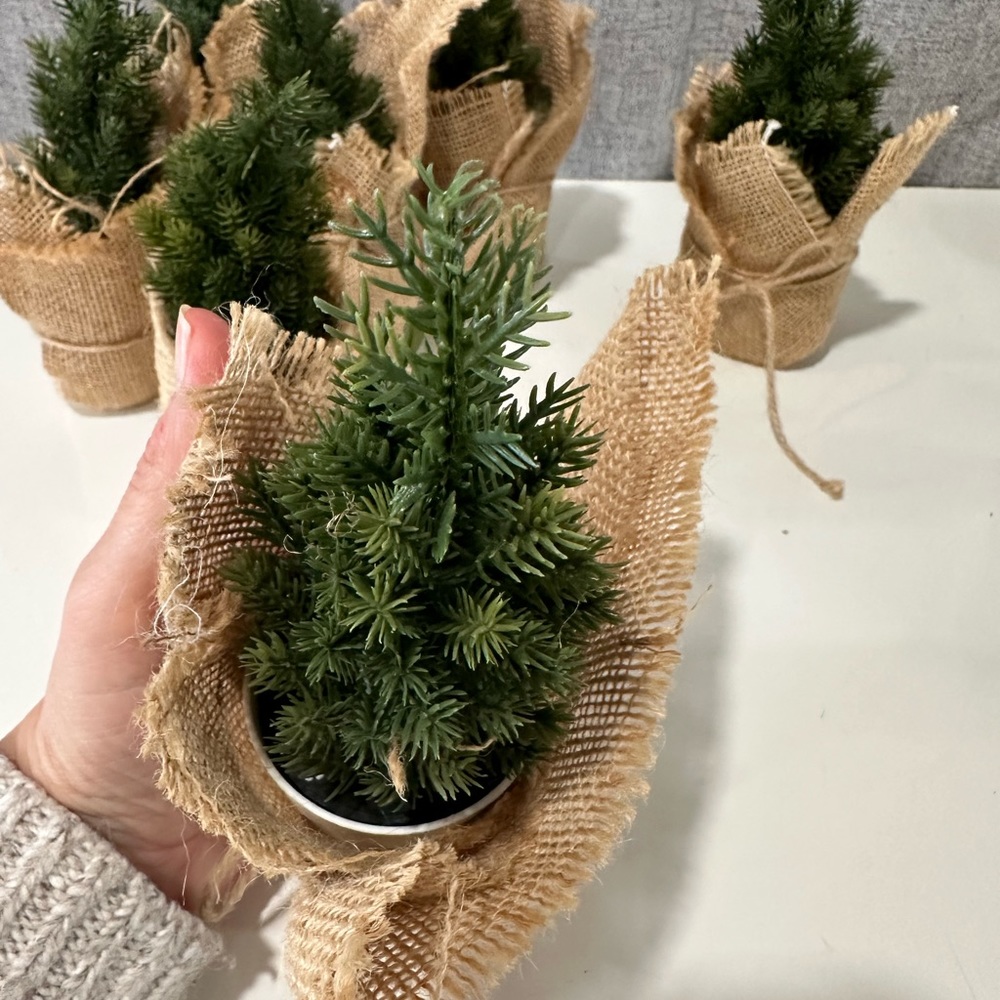 7 Mini Christmas desktop/table green artificial pine tree with burlap. - Picture 3 of 6